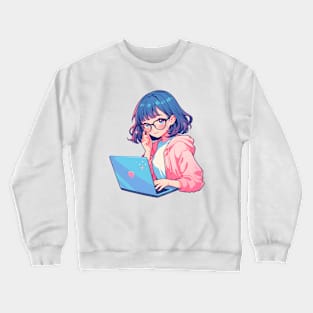 Cartoon girl with laptop Crewneck Sweatshirt